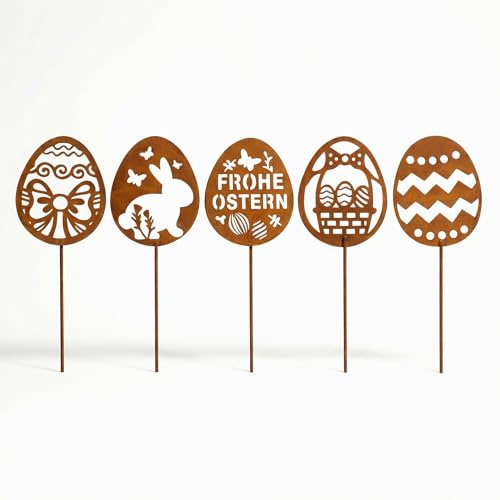 Zidoley 5er-Pack Osterdeko Outdoor Gartenstecker – Ostern Deko, Rost Ostereier & Kaninchen – Wetterfeste Osterdeko für draußen, Garten, Rasen & Vorgarten – Frühlingsdeko für Haus & Garten (Ostereier)