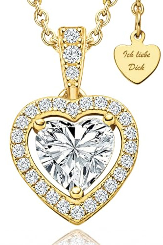 LOVENEST Halskette Damen 925 Silber/vergoldet Herzkette Zirkonia | „Ich Liebe Dich“ Herz-Anhänger – Geschenk für Freundin, Frauen zum Geburtstag, Hochzeitstag & Jahrestag – Schmuck nickelfrei