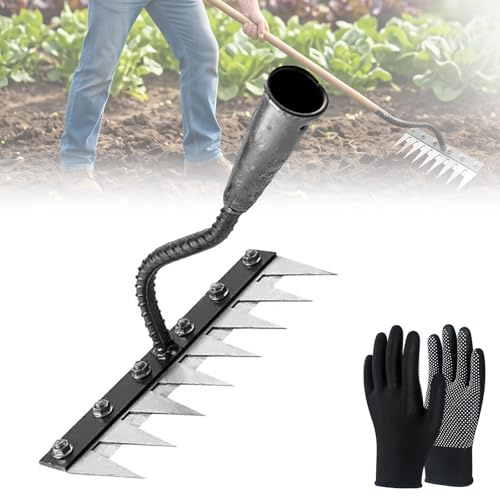 Rastrillo de Deshierbe y Jardineria, Rastrillo Malas Hierbas de Acero al Carbono Resistente, Herramienta de Jardin para Desbrozadora y Aflojar Tierra, Rastrillo Jardin Multiusos (8 Dientes)