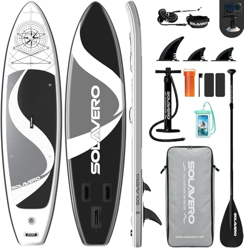 SOLAVERO Inflatable Stand Up Paddle Board for Adults, SUP Board Kit, 200kg | 10'6x33x6, Ultra-Light Paddleboard, Anti-Slip EVA Deck, Adjustable Paddle, Camera Mount, Pump, Fins, for All Skill Levels