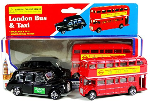Diecast Genuine London Bus and London Taxi Set (Mini) Souvenir - Moving Wheel Action - Sightseeing - Hop On Hop Off - Toy - 5 Passenger Cab - Hackney Cab - London Souvenir