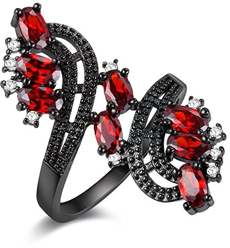 Uloveido Mode Noir Pistolet Plaqué Large Fleur Bague pour Femmes, Rouge Cubique Zircone Anneaux De Promesse De Mariage (Taille 51.9) J656