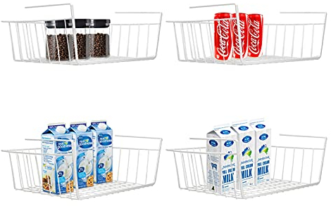 Unterregalkorb, 4 Stück, weißes Drahtgestell, gleitet unter Regalen für Stauraum auf Küche, Speisekammer, Schreibtisch, Bücherregal, Schrank