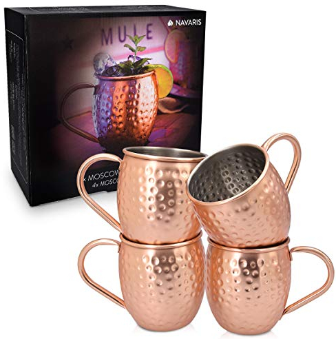 Navaris 4X Boccale per Moscow Mule in Rame - Set 4 Bicchieri da 500ml in Acciaio Rivestito in Rame con Ampia Impugnatura per Cocktail Birra Drink