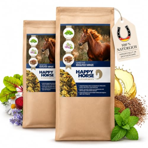 HAPPY HORSE Sensitive Kräuter Minze 2 x 14 kg – Pferdefutter zur Unterstützung der Atemwege - Mit Fenchel, Kamille und Rosmarin - Mineralstoffreiches Ergänzungsfutter für Sport- & Freizeitpferde