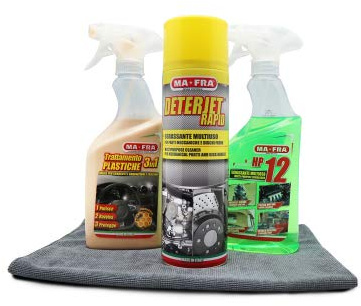 kit pulizia vano motore mafra-1 hp 12 500ml,1 trattamento plastiche 500mi,1 deterjer rapid 500ml,1 panno microfibla 40x60