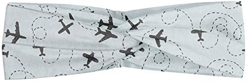 ABAKUHAUS Grey Blue Headband, Aeroplanes with Flight Patterns Swirled Lines Sketch Style Air Vehicles, Elastic and Soft Women's Bandana for Sports and Everyday Use, Pale Blue and Grey