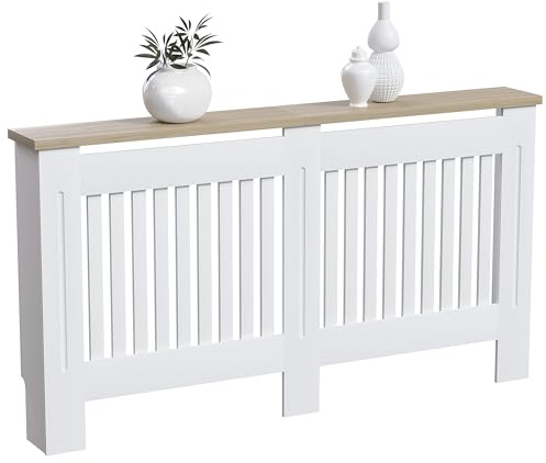 Vida Designs Arlington Radiator Cover White - Large - Modern Shaker Style Vertical Slat Design For Optimal Heat Circulation - H83.3xW152xD19cm - Painted MDF Cabinet with Wood Top Shelf