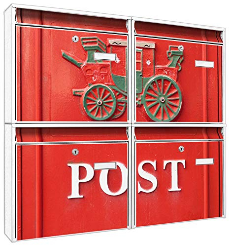 banjado Briefkastenanlage 4 Fach - Postkästen groß - verzinkter Stahl weiß DIN A4 Motiv Postkasten - Briefkasten Set 4 Briefkästen Namensschild, 2 Schlüssel, Montagematerial