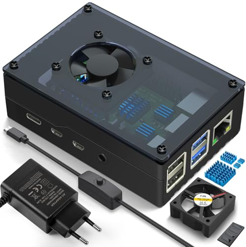 Miuzei Gehäuse für Raspberry Pi 4 mit Gehäuse Sichtbar Acrylic Lüfter kühlung Aluminium Kühlkörper 5V 3A USB-C EIN/AUS-Schalter 15W Netzteil Pi 4b Case kompatibel mit Pi 4 Modell B 8GB/4GB/2GB Schwarz