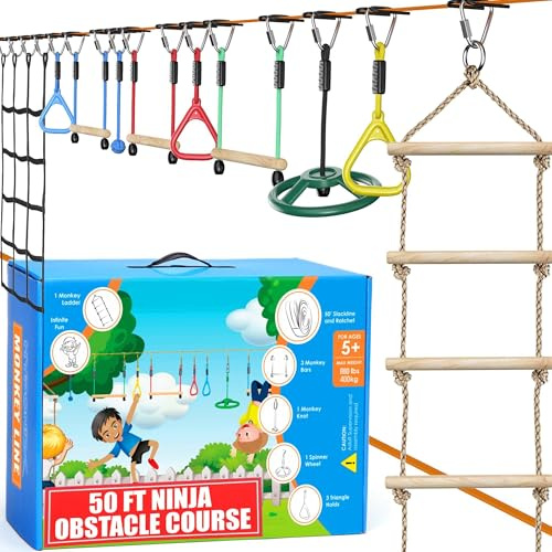 Hyponix Ninja Warrior Obstacle Course for Kids – 2 x 50 ft Slackline with 10 Outdoor Ninja Obstacles, Supports 880lbs – Monkey Net, Ratchet-Tight Tech, Climbing, Swinging & Balance Training, Ages 3+