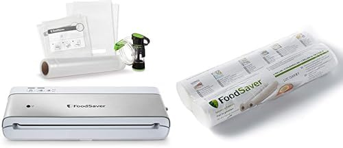 FoodSaver VS0100X Kompaktes Vakuumiergerät für Lebensmittel mit Handheld-Vakuumierer | 3 Rollen & 4 Beutel | silber mit weißen Akzenten
