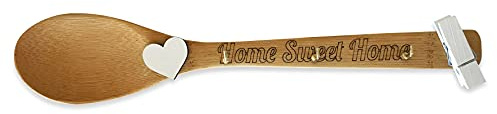 Appendi guanti, presine e strofinacci da parete con base in legno e ganci in metallo dorato - Arredo vintage per cucine -3 ganci -Con molletta porta note -Tieni in ordine gli accessori (Cucchiaio)