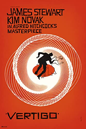 Vertigo 1958 Retro Vintage Alfred Hitchcock Movie James Stewart Film Noir Thriller Classic Hollywood Saul Bass Movie Theater Decor Midcentury Modern Decor Cool Wall Art Print Poster 12x18