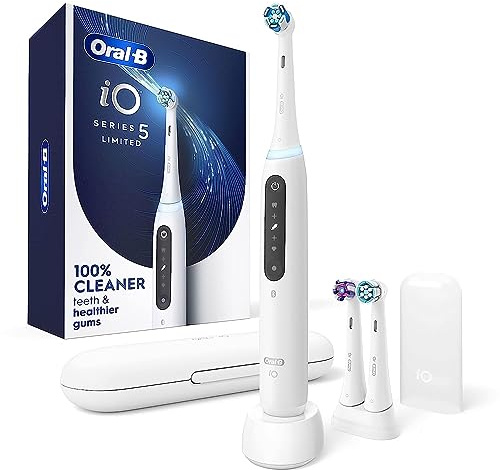 Oral-B Rechargeable Electric Toothbrush, iO5 Limited Deep Clean & Whiten, 5 Cleaning Modes, Visual Pressure Sensor to Protect Gums, Travel Case, 3 Brush Heads, White