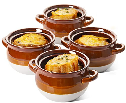 LE TAUCI French Onion Soup Bowls with Handles, 22 Ounce Ceramic French Onion Soup Crocks Oven Safe Serving Bowls for Soup, Chili, Beef Stew, Cereal, Pot Pies, Set of 4