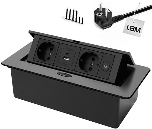 JACEPFY Versenkbare Steckdose PD20W USB-C für Arbeitsplatte, Schwarz | USB-A und Type-C Schnelllade, Mit Schalter, 1,8M Kabel, Pop Up, für Schreibtisch Küchenarbeitsplatte