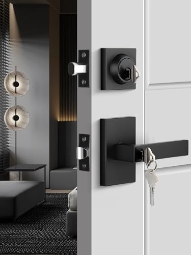 Black Exterior Door Lock Set, Front Door Lock Set with Deadbolt, Square Contemporary Matte Black Front Door Lock Sets, Heavy Duty Zinc-alloyed Exterior Door Handle (1 Pack)