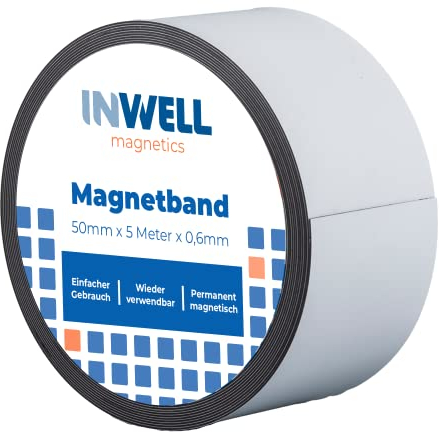 Inwell - Magnetband 50 mm in Farbe weiß auf Rol | 5 meter | NICHT Selbstklebend | Beschreibbare weiße Vinylschicht | Starker Magnetkraft | Magnetstreifen