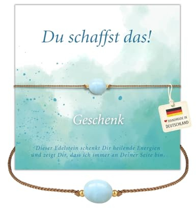 happymaker - Mutmacher Geschenk, Aquamarin Armband mit vergoldeten Perlen und schöner Geschenkverpackung, Geburtsstein Fisch - Du schaffst das - Geschenk, handmade in Deutschland