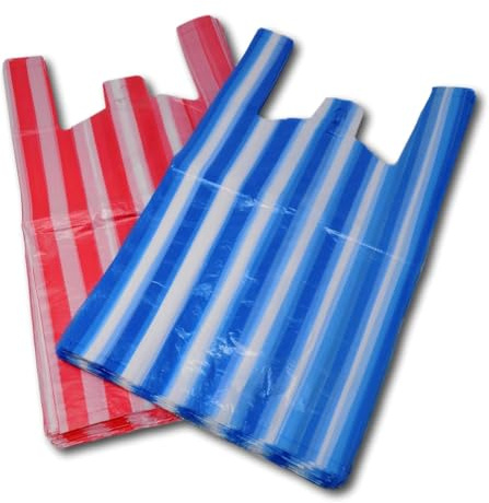 Efforias 100 Blue & 100 Red Medium (10 X 15 X 18) Candy Stripe Plastic Vest Carrier Shopping Bags