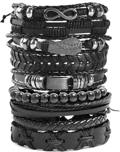 EGOINA Läderarmband för män, punk läder, 8–10 stycken flätad manschett, armband, träpärlor, dödskalle, metall, läderarmband, Metall, Ingen ädelsten
