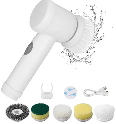 Electric Spin Scrubber, 5 IN 1 Handheld Shoe Brush with 5 Pcs Brush Heads, USB Rechargabled and Replaceable Brush Heads, Portable and Time Saving, Keep Hands Clean, for Wall, Tile Floor, Bathtub