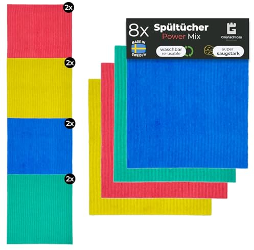 Grünschloss Putzlappen waschbar bunt (8X) mehrfarbige Baumwoll Spüllappen Küche, Bad & Toilette Reinigungstücher (Made in Sweden) saugstarke Schwammtuch Putzlappen 4 Farben System (Power)