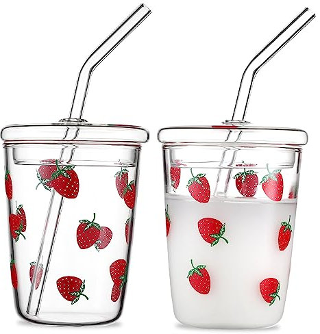 LIFKOME 2 Pezzi Bicchieri in Resistenti Al Calore Motivo A Fragola Con Coperchio E Cannuccia