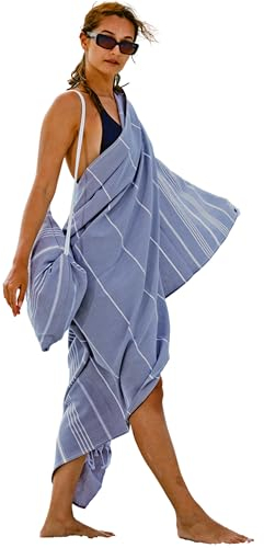 CalmyBEACH Asciugamano per hammam, asciugamano da spiaggia, 100% cotone, 180 x 90 cm, per uomo e donna, asciugamano da yoga (blu)