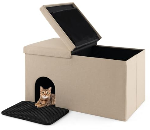 COSTWAY Cat Litter Box Enclosure, 3 in 1 Hidden Cat Washroom with Double Layer Litter Mat, Flip-up Lid, Odor Control Filter, Foldable Cats House Ottoman Shoe Bench (Beige)