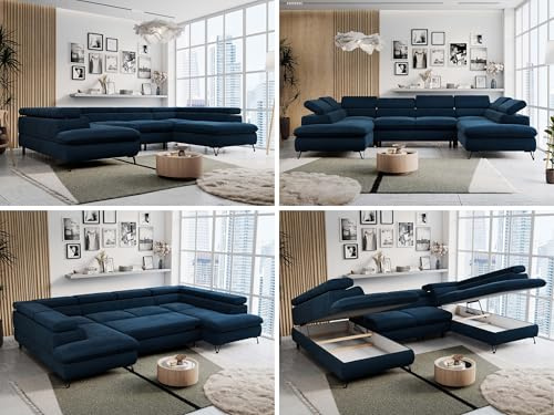 Sofa U-Form, Wohnlandschaft U-Form, Sofa mit Schlaffunktion und Bettkasten, Schlafsofa mit Bettkasten, Couch mit Verstellbare Kopfstützen - Peter U - Dunkelblau Velvet Hydrophob (ohne Topper)