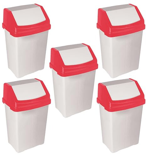 TENLITE (SET OF 5) - 50L Litre Strong Plastic Bin with Flip Top Lid Waste Recycle Dustbins Trash Can Under Kitchen Counter Bin Refused Bins Suitable For Garden, Garage, Office, Kitchen - (WHITE/RED)