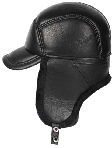 bomhys Russische Mütze Wintermütze Herren Leder Bombermütze Ohrenklappe Schwarz Warm Dick Ski Schnee Winddicht Männlich Russisch Hut,Schwarz,59-60Cm