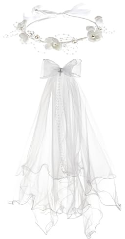 Merroyal Girls Communion Bow and Dangle Cross Charm with 24 Inch Veil on Hair Comb,with White Floral Crown (Veil with Pears, One Size)