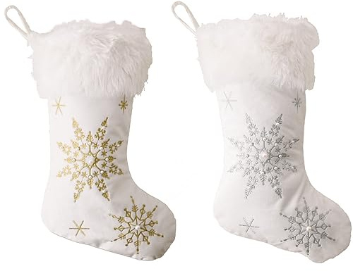 2 Stück Weihnachsstrumpf,Flanell Weihnachtssocken,Nikolausstiefel mit Perlen,Schneeflocke Nikolaus Strumpf,zum Befüllen und Aufhängen,Weihnachtsbaum Groß Geschenktüte,Nikolausstrumpf,Gemischte Farben