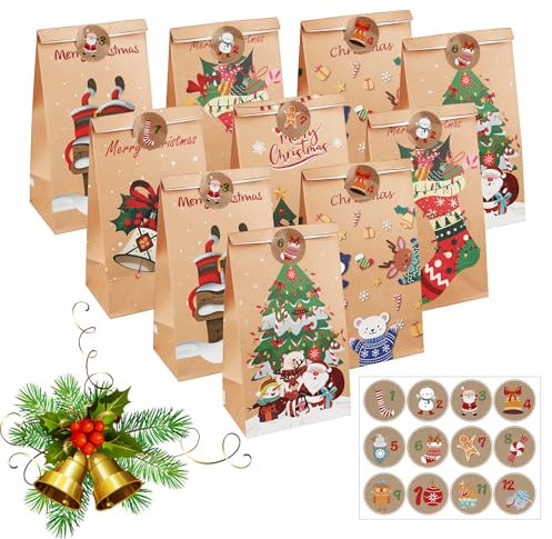 Notwoe® 12 Stück Geschenktüten Weihnachten,Personalisierte weihnachtstüten,Geschenktüten mit Weihnachtspinguin,Papiertüten Weihnachten für Geburtstagssüßigkeiten,Partys,Hochzeiten,Märkte. (Brown-C12)