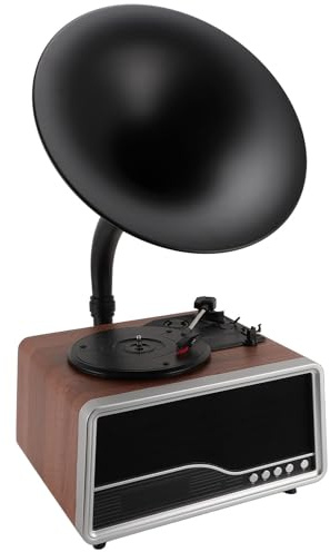 VBESTLIFE Plattenspieler, Retro-Plattenspieler, Vintage-Phonograph, Grammophon, Eingebauter Lautsprecher, Subwoofer, Bluetooth, USB, UKW-Radio, für Heimdekoration (EU-Stecker)