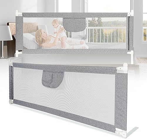 Ollewiellan Griglia per letto 200 cm, protezione da cadute regolabile in altezza, 64 – 96 cm, con rete traspirante per bambini e letti dei genitori, stabile, colore: grigio