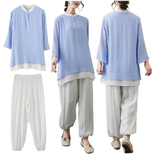 DAYKET Damen Zen Meditationsanzug Baumwolle Leinen Tai Chi Uniform Chinesische Kung Fu Kleidung Damen Kampfsport Sui,Blue-S