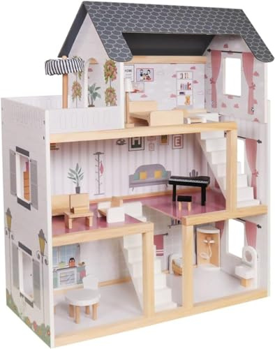 HYGRAD® Kids Wooden Doll House Play Set With Furniture & Accessories Pretend Play Cottage Penthouse Doll Sets For Role Play Kids Aged 3 Years + (Design 3)