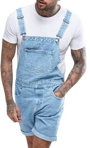 Runcati Herr hängselbyxor bomull jeans overall korta arbetsbyxor lös passform män denim jumpsuit med fickor, Ljusblå, M