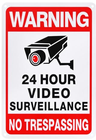 M METERXITY 1-Pack Warning 24 Hour Video Surveillance Sign, 10 x 7 No Trespassing Aluminum Warning Reflective UV-Protection Waterproof Security Camera Sign for House/Business/CCTV
