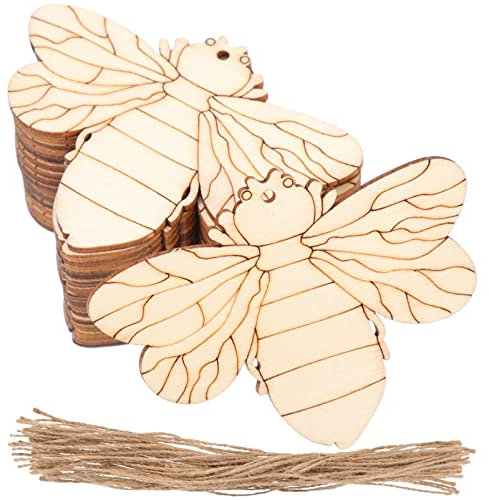 SHINEOFI 50pcs Unfinished Wooden Bee Shape Slices with 50pcs Jute Twine Set for DIY Painting and Kindergarten Craft Accessories, Natural Wood Pieces for Home Decoration and Creative Embellishments