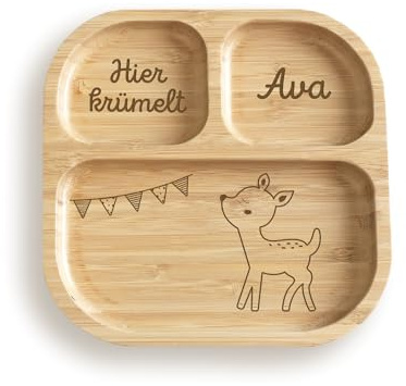 hellomini Personalisierter Babyteller mit Saugnapf – Individueller Kinderteller aus hochwertigem Bambusholz – Geschenk zur Geburt & Taufe – BPA-frei (Reh Girlande, Nur Teller)