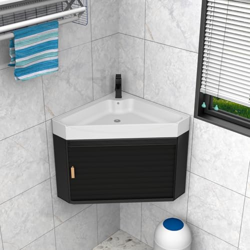 Eck-Badezimmer-Waschtisch mit Metallschrank, moderner Eck-Badezimmer-Waschtisch, Wandmontage, kleines Waschbecken-Set mit Abfluss, Konsolenwaschbecken (Schwarz, 42 cm)