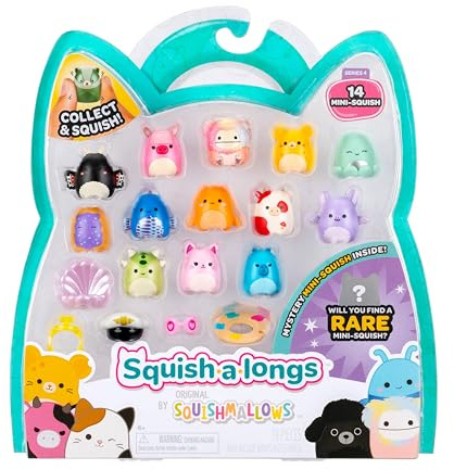 Squish-a-longs Mini-Squish 14-Pack (Wave 4, Style 1) includes Nicolas the Lavender Spotted Bat, Amelia the Cheese Mouse, Diane the Peach Bigfoot
