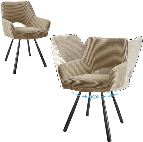 JIJIAN 2er Set 360° Drehbare Esszimmerstühle mit Armlehnen, Braun | Drehbar Stühle Esszimmer mit Metallbeinen, Moderner Küchenstuhl aus Cord, Polsterstuhl für Esszimmer, Küche, Wohnzimmer