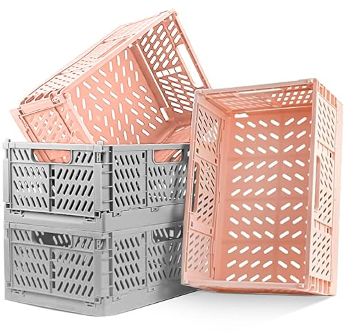 4 Stücke Klappkiste, Kunststoff Stabile Klappboxen, Faltbare Aufbewahrungskorb, Stapelbar Klappkisten Set für Lagerung Küche, Schlafzimmer, Arbeitszimmer,Büro, Garten (Rose + Grau,48*26cm*16cm)