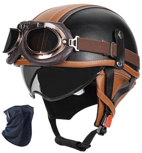 YHQUDGWT Halbschalenhelm mit ECE, Retro Motorradhelm mit Schnellverschlussschnalle, Versteckte Schutzbrille, ABS-Schale, für Erwachsene Männer und Frauen, Chopper, Scooter, Moped
